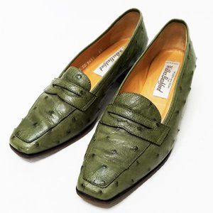 Wilkes Bashford  Army Green Heel Ostrich Leather Penny Loafers Shoes